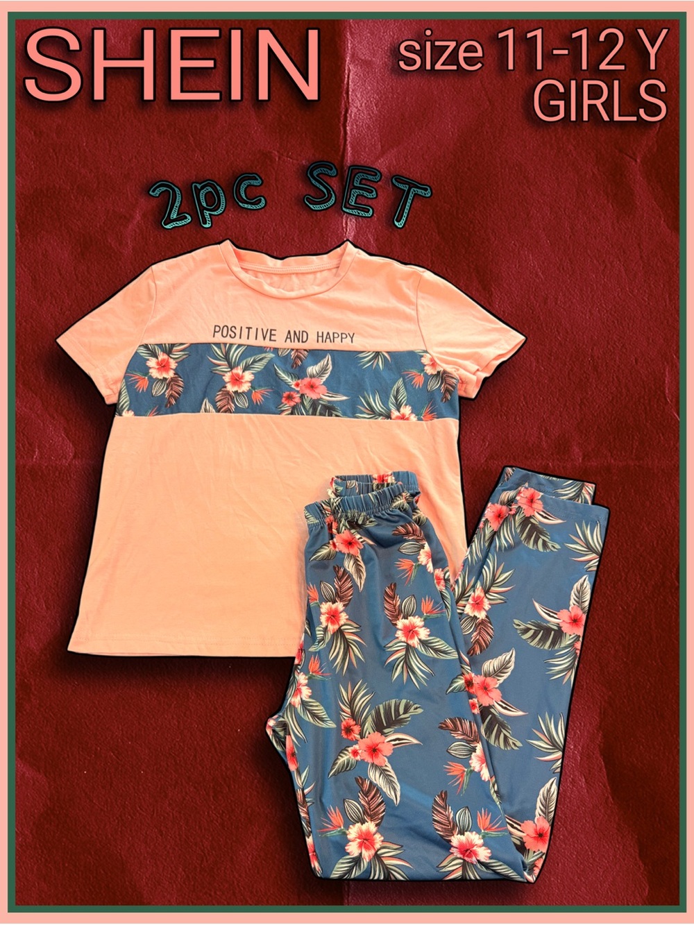 SHEIN beachy peachy tropical short sleeve tshirt & pants 2 PC SET size 11-12Y